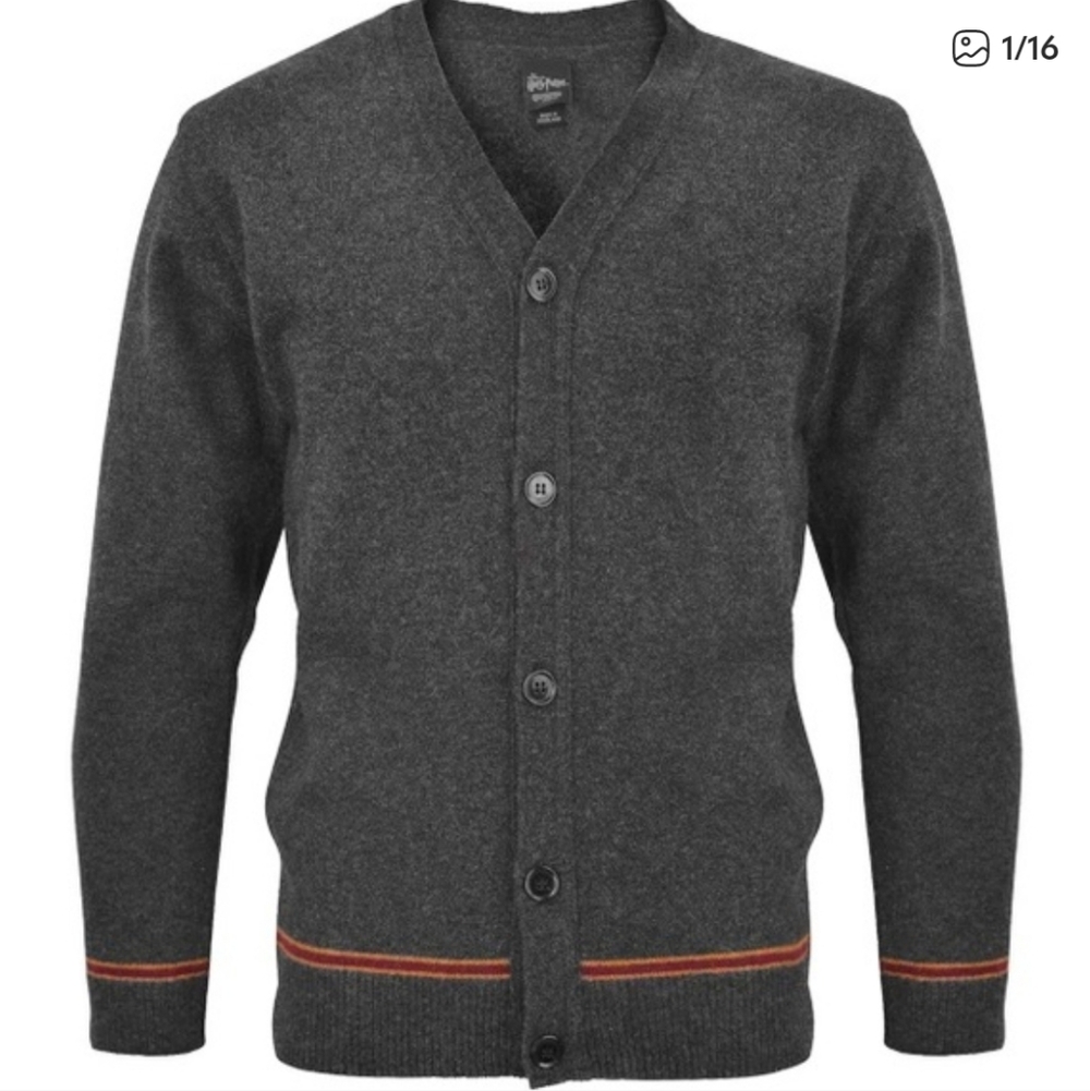 Harry Potter Gryffindor Gray 100% Lambswool V-neck Cardigan Sweater Size XL